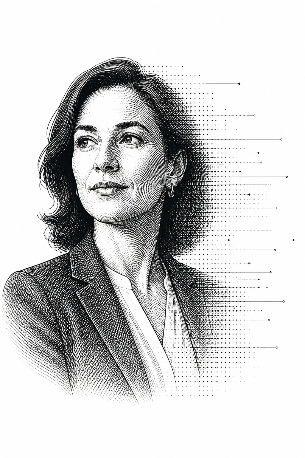 Retrato editorial em gravura de uma profissional do Direito, dissolvendo-se em sinais abstratos de informação