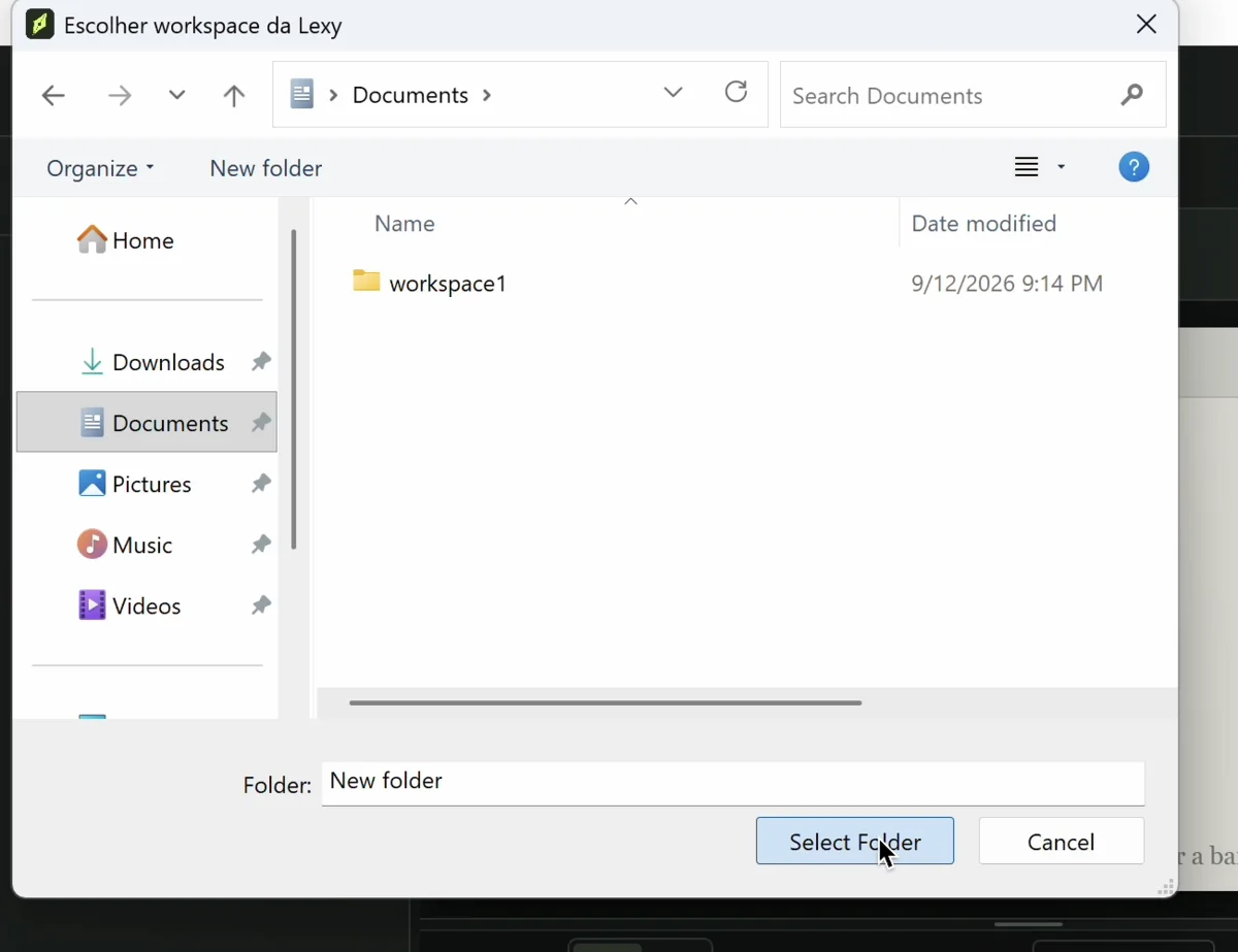 Seletor de pasta do Windows aberto pelo LEXY