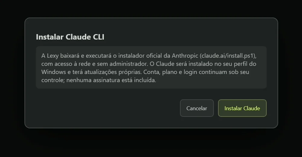Janela do LEXY para instalar o Claude CLI