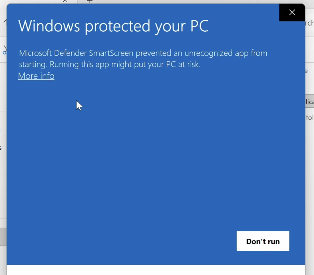 Alerta do Windows SmartScreen com a opção More info